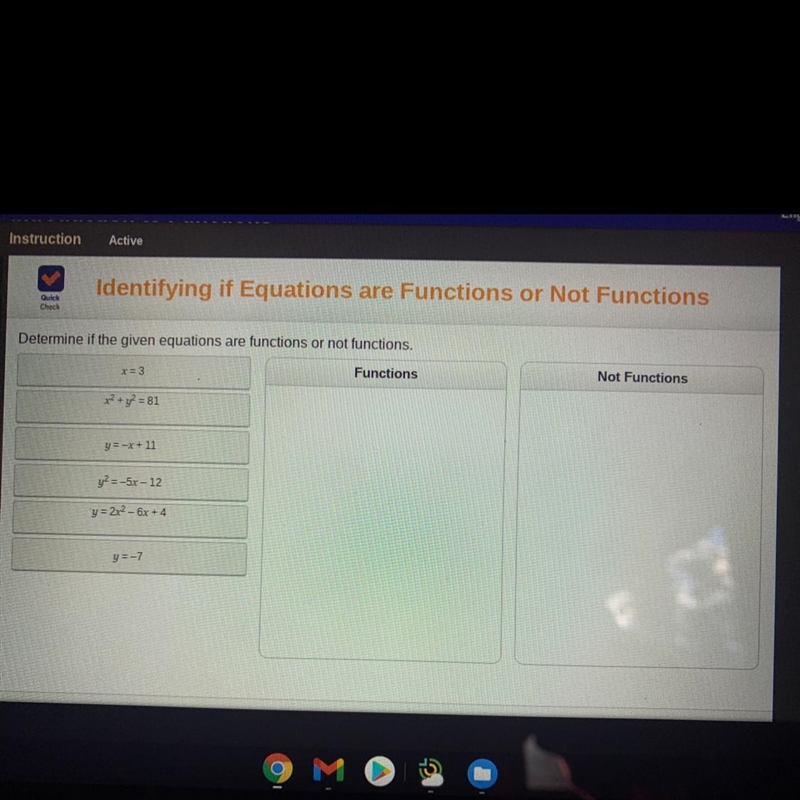 Identify if equations are functions or not functions (see photo) sort them out please-example-1