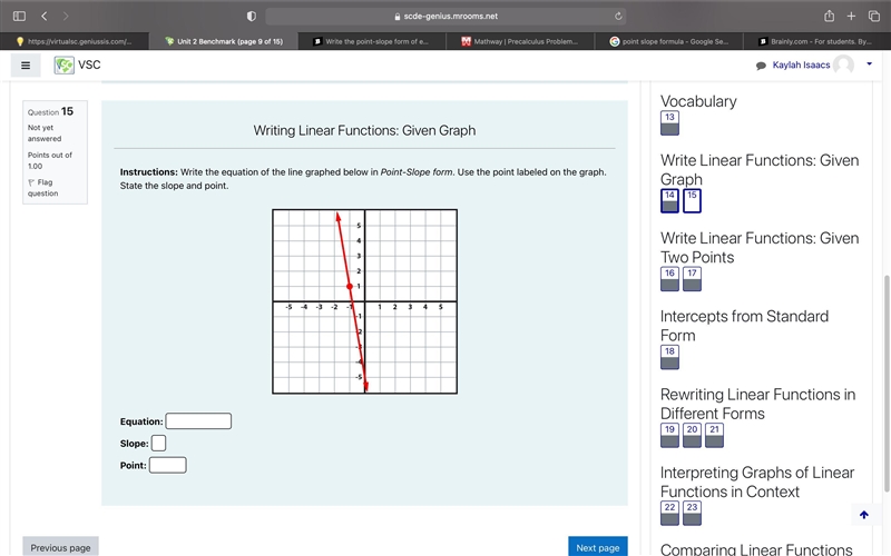 Write the equation of the line graphed below in Point-Slope form. Use the point labeled-example-1