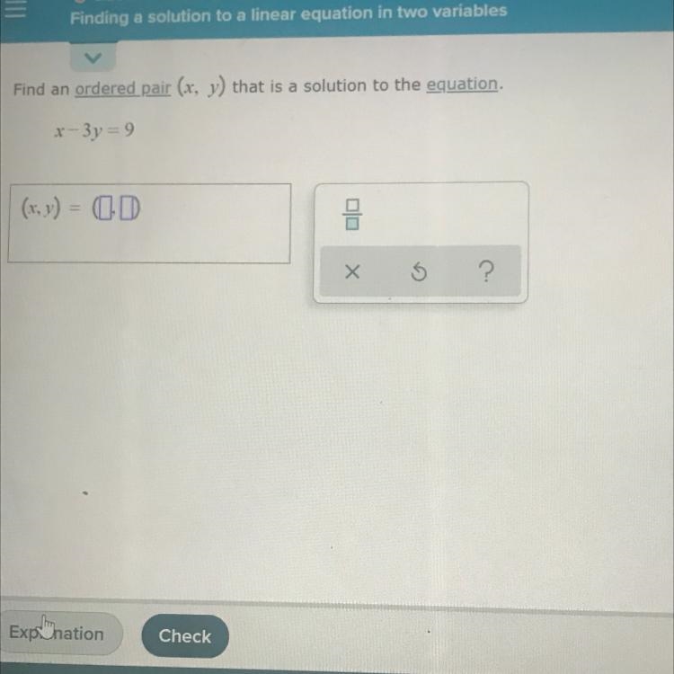 Find an ordered pair (x, y) that is a solution to the equation. x-3y=9-example-1