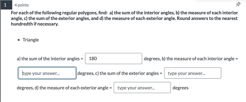 For each of the following regular polygons, find: a) the sum of the interior angles-example-1