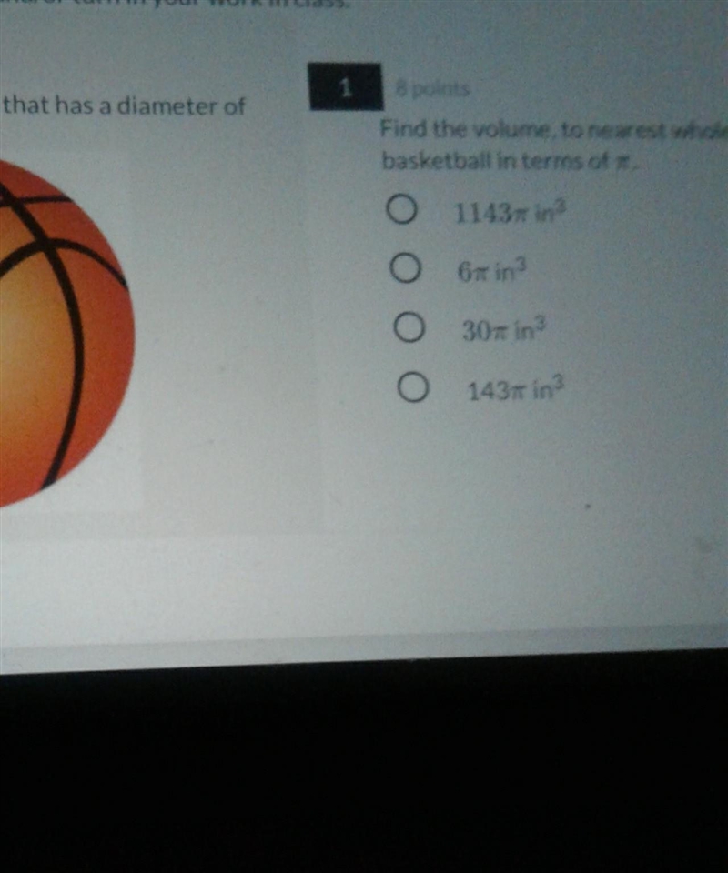 What is the volume olf the basketball the diameter is 9.5 round to mearest whole nu-example-1