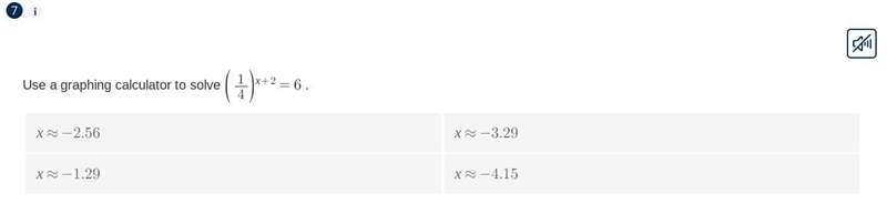 Use a graphing calculator to solve (1/4) ^ x+2 = 6:-example-1