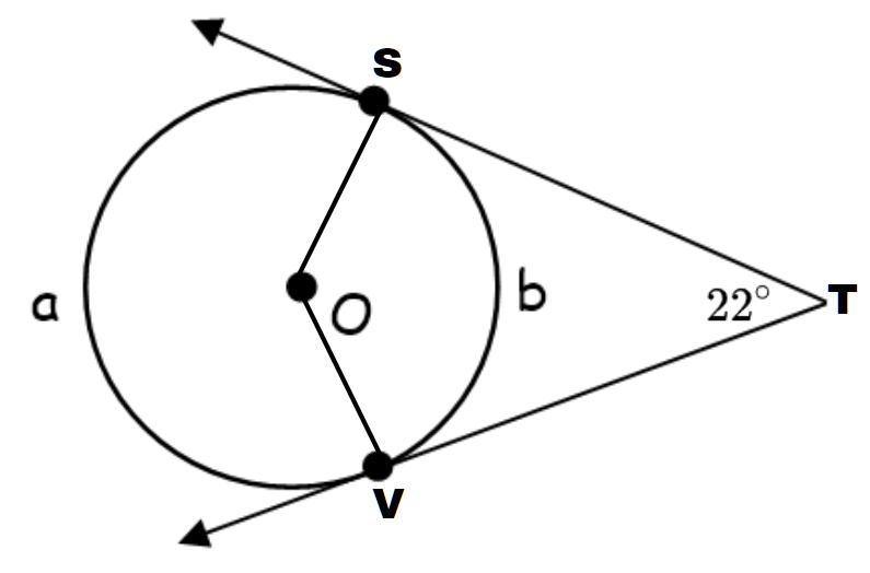 In ⊙O, ST and VT are tangents. m∠STV = 22°. Find the value of a, b, and m∠SOV.-example-1