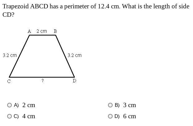 P L E A S E ~ H E L P ~ M E ~ O U T Trapezoid ABCD has a perimeter of 12.4 cm. What-example-1