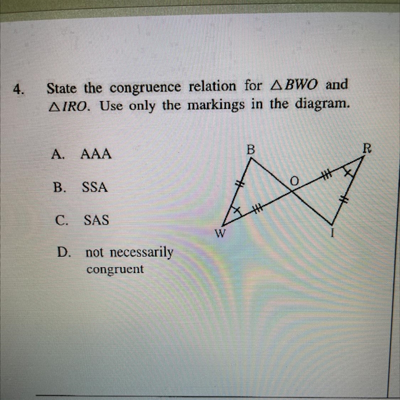 State the congruence relation for ABWO and AIRO. Use only the markings in the diagram-example-1