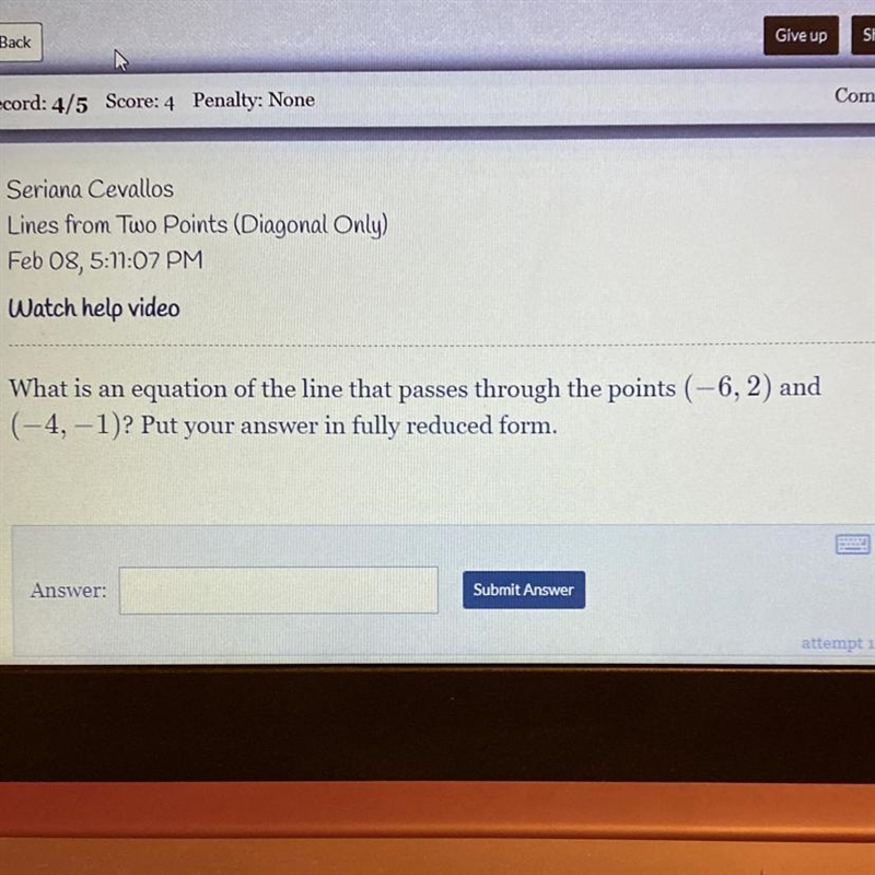 What is an equation of the line that passes through the points (-6, 2) and (-4, -1)? Put-example-1