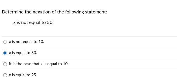 Determine the negation of the following statement: x is not equal to 50.-example-1