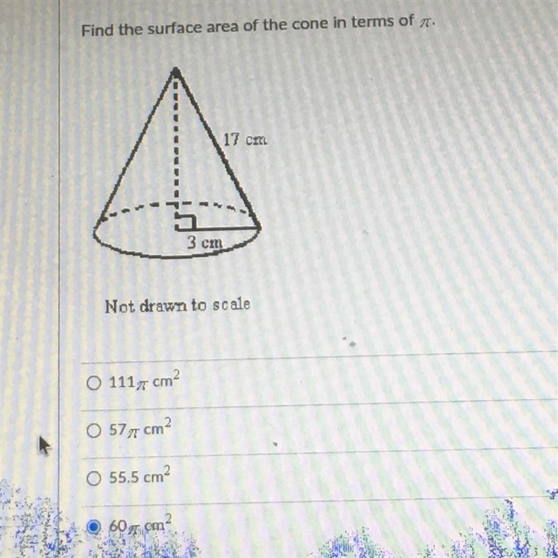 Find the surface area of the cone in terms of pi 17 cm height 3 cm radius Not drawn-example-1