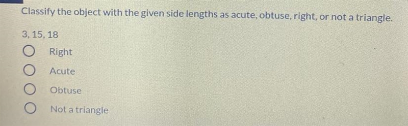 Classify the object with the given side lengths as acute, obtuse, right, or not a-example-1