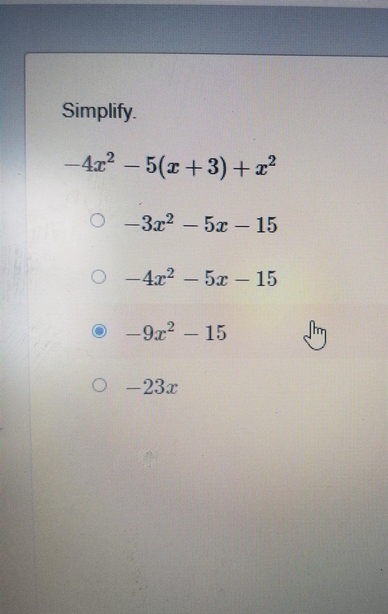 Simplify. -4x^2-5(x+3)+x^2​-example-1