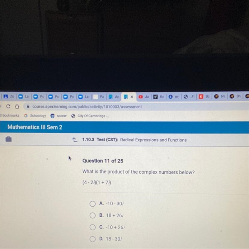 What is the product of the complex numbers below? (4-2i) (1 +7i)-example-1