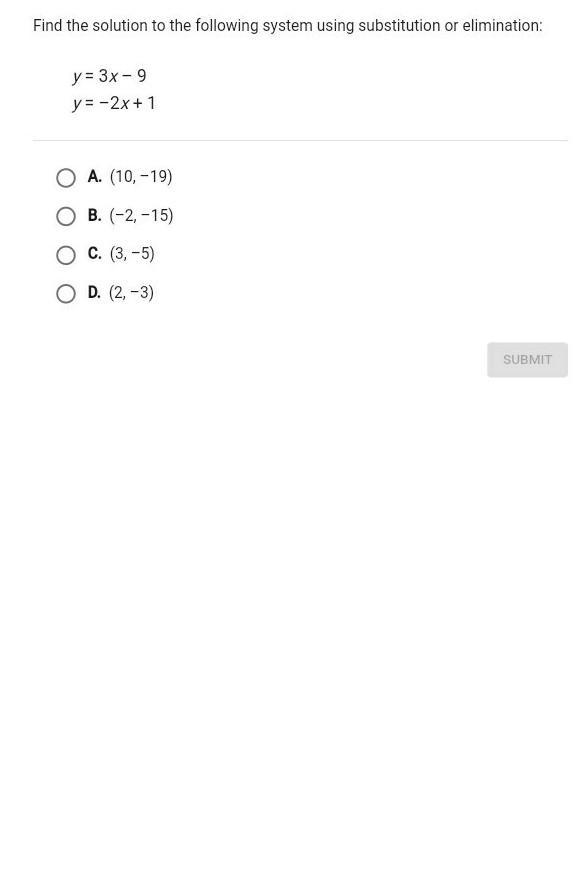 Find the solution to the following system of equations using substitution or elimination-example-1