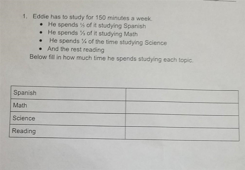 Eddie has to study for 150 minutes He spends 1/5 it studying Spanish he spends 1/3 studying-example-1