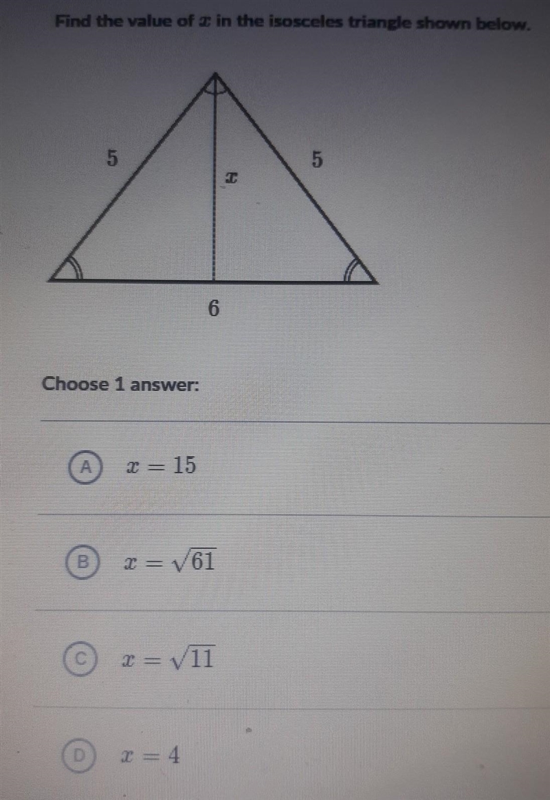 Find the value of x in the isosceles triangle shown below.​-example-1