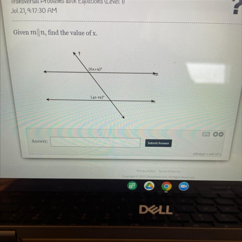 Given mn, find the value of x. + (6x+9) m (4x-19) Answer: Submit Answer attempt 1 out-example-1