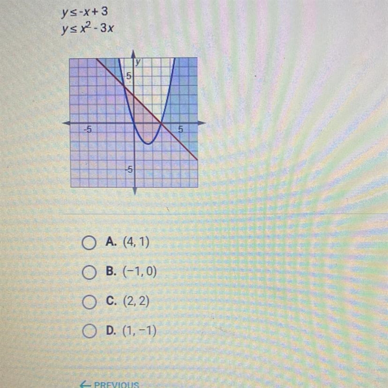 Select the point that is a solution to the system of inequalities. ys-X+3 ys x2-3x-example-1