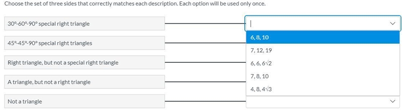 Choose the set of three sides that correctly matches each description. Each option-example-1