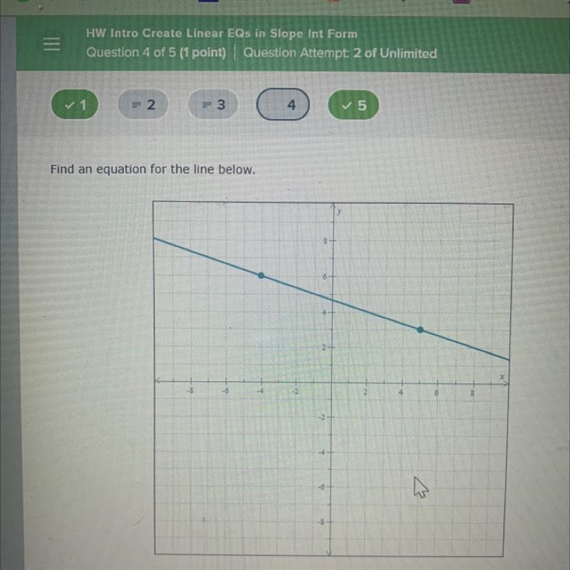 Find an equation for the line below. (5,3)&(-4,6)-example-1