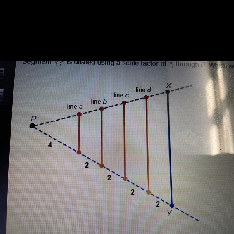 Segment XY is dilated using a scale factor of 2/3 through P. Which segment shows the-example-1