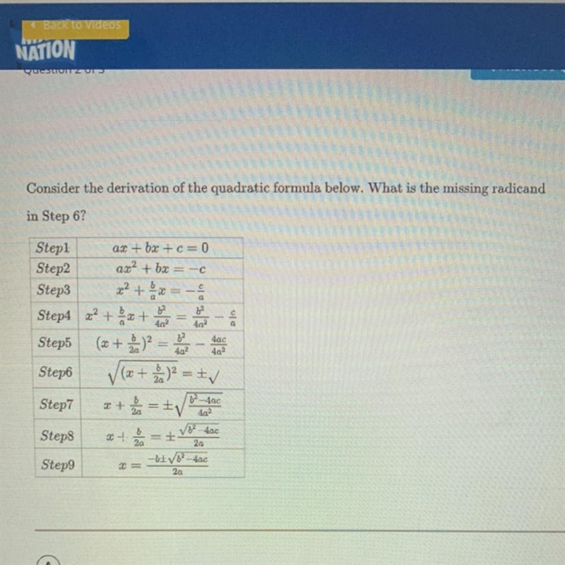 Consider the derivation of the quadratic formula below. What is the missing radicand-example-1