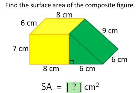 Find the surface area of the composite figure. SA = [ ? ] cm^2-example-1