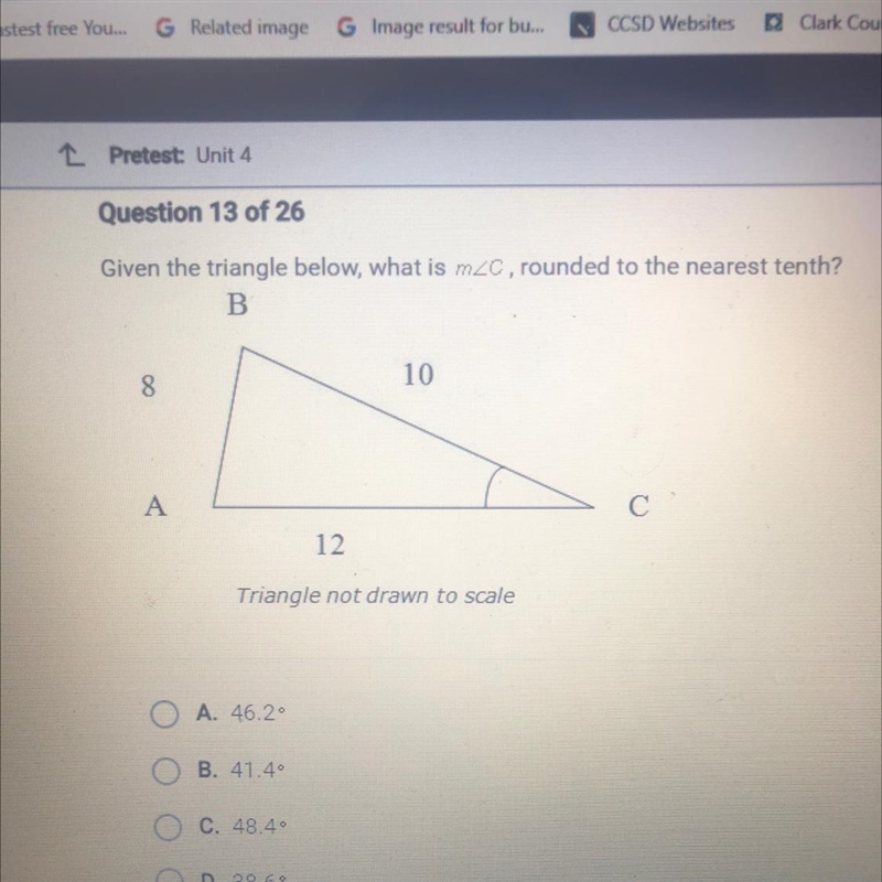 Given the triangle below, what is m A. 46.2 B. 41.40 C. 48.4 D. 38.6°-example-1