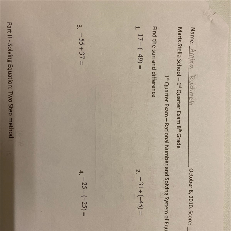 Find the sum and difference of 17-(-49)= and -31+(-45)= and -55+37= and -25-(-25)=-example-1