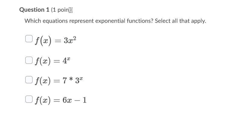 Which equations represent exponential functions? Select all that apply. Question 1 options-example-1