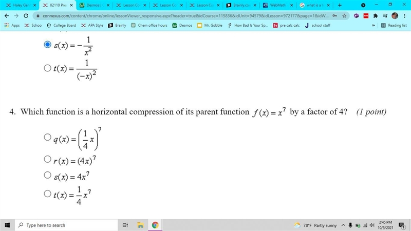 Which function is a horizontal compression of its parent function f(x)= x^2 by a factor-example-1