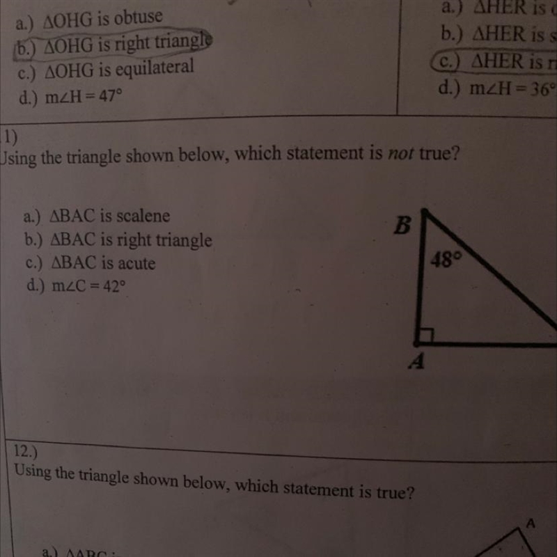 Using the triangle shown below, which statement is not true? B a) ABAC is scalene-example-1