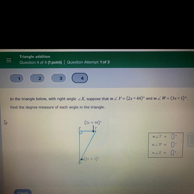 In the triangle below, with right angle Find the degree measure of each angle in the-example-1