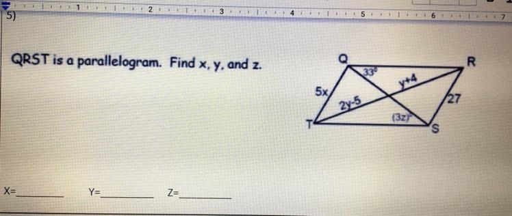 QRST is a parallelogram. Find x, y, and z.-example-1