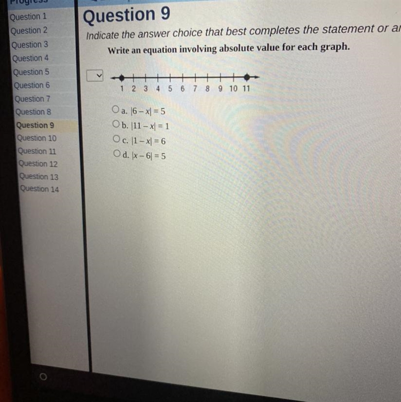 Write an equation involving absolute value for each graph. 그 1 2 3 4 5 5 6 7 8 9 10 11 O-example-1