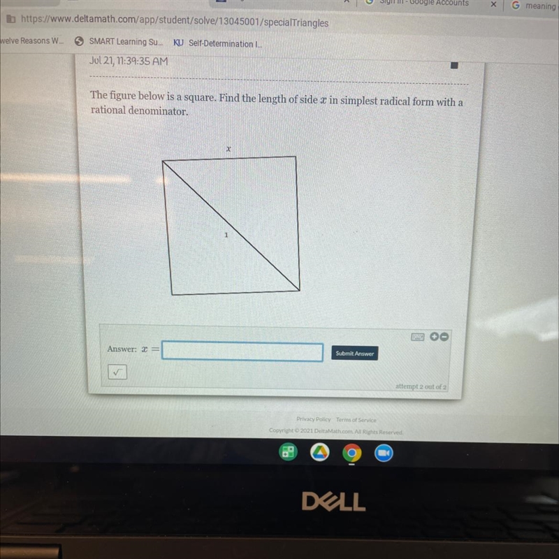 The figure below is a square. Find the length of side x in simplest radical form with-example-1