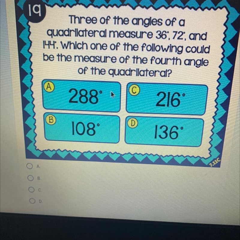 Three of the angles of a quadrilateral measure 36', 72, and 144. Which one of the-example-1