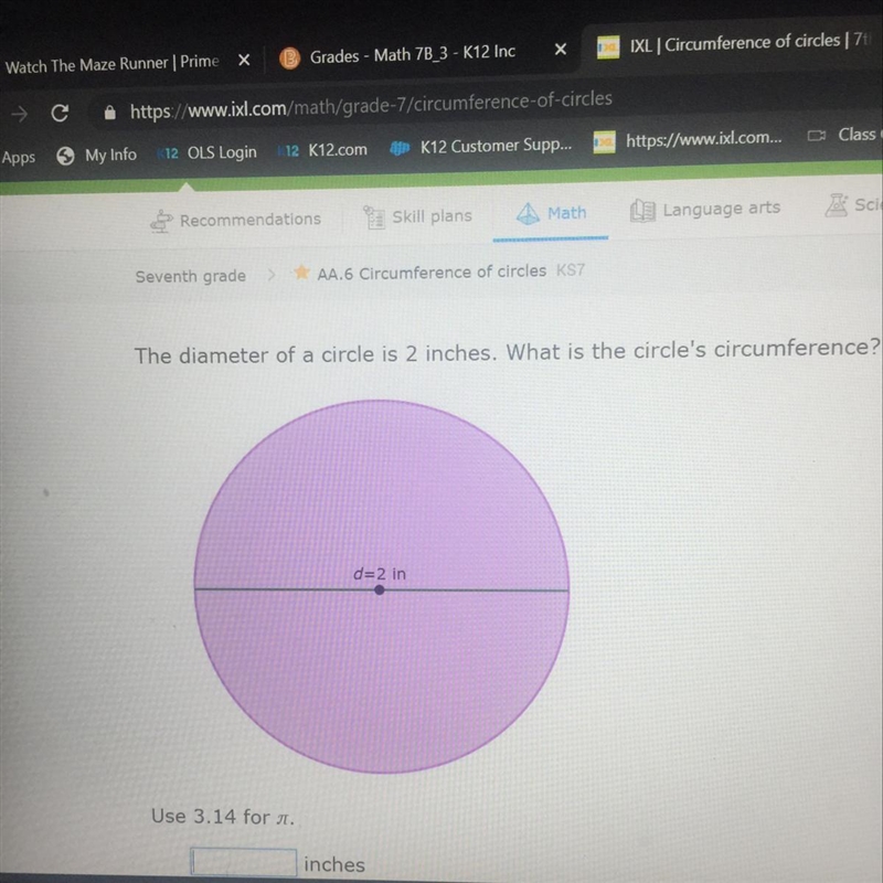 The diameter of a circle is 2 inches. What is the circle's circumfere Use 3.14 for-example-1