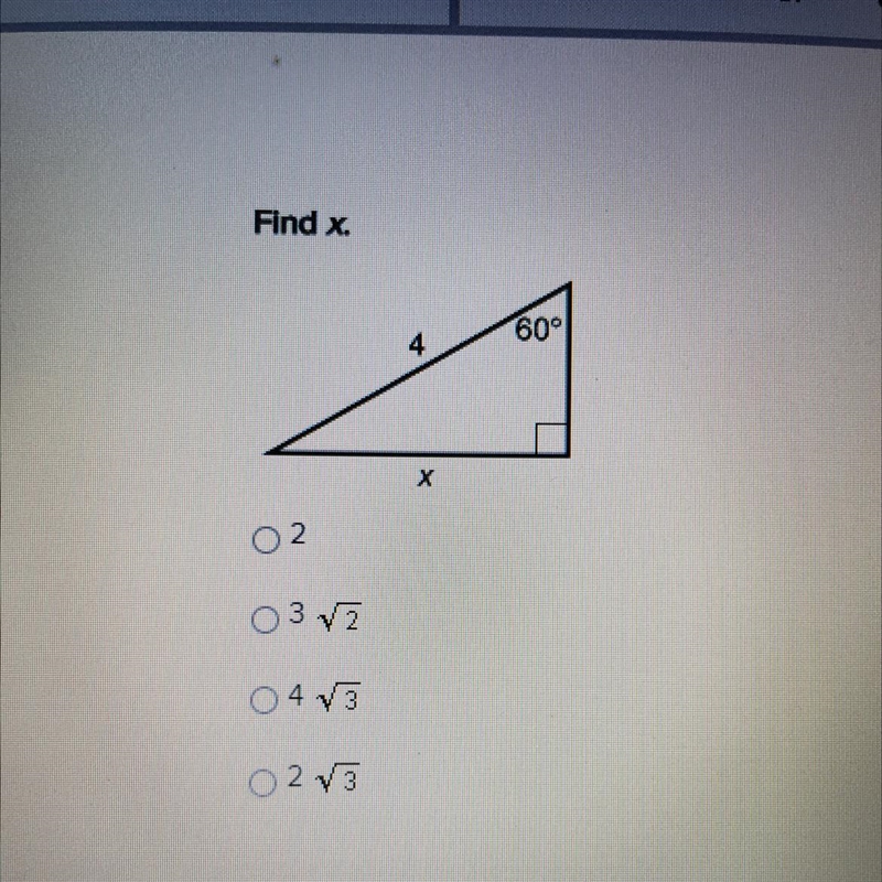 Find x. 60° 4 X O 32 0473 0 2/3-example-1