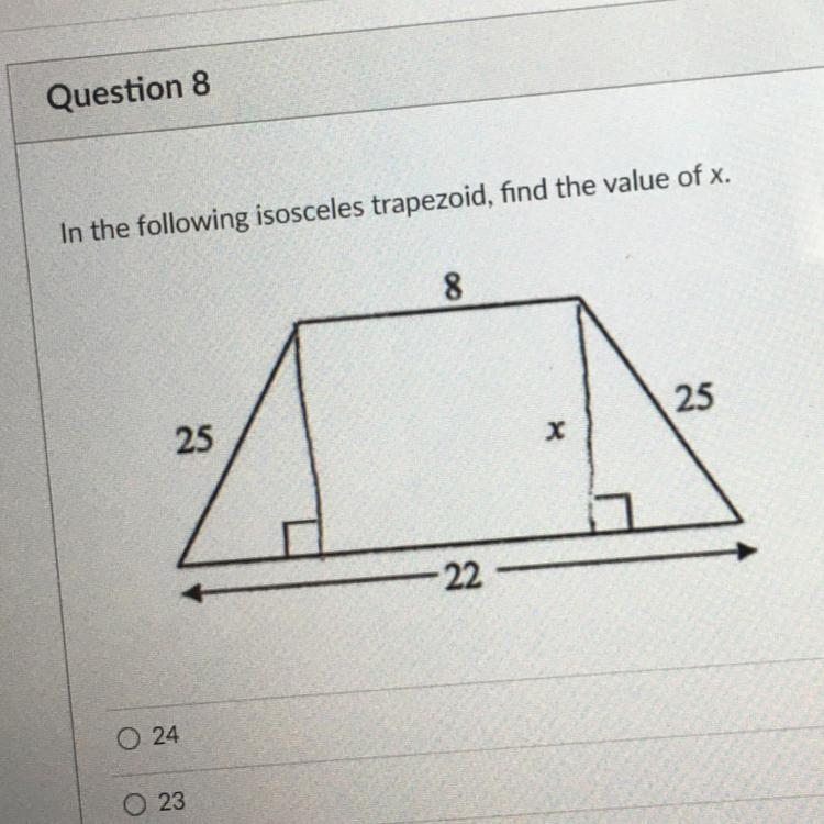 In the following isosceles trapezoid, find the value of x.-example-1