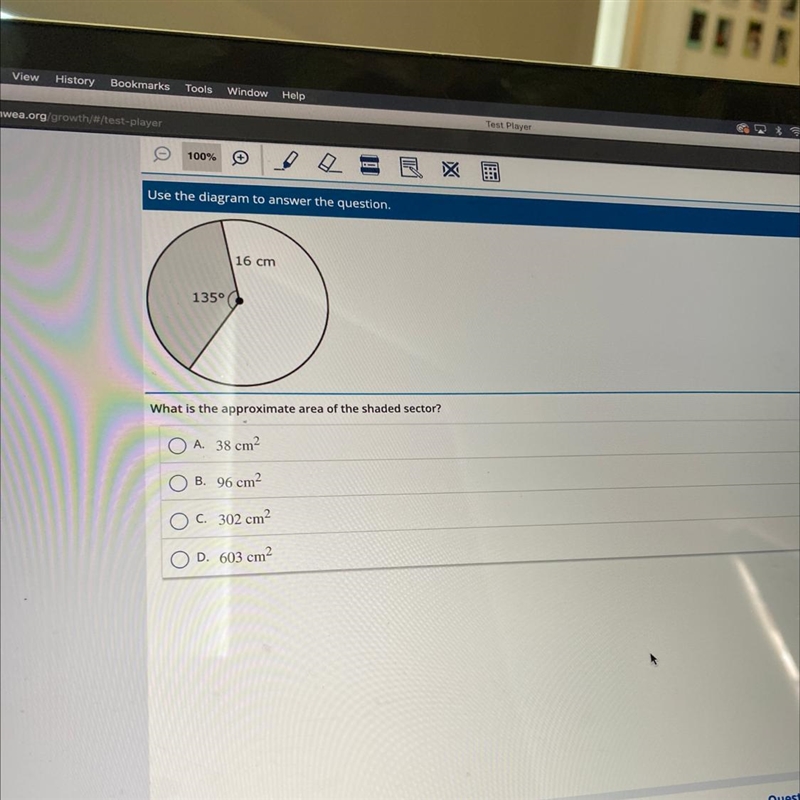 What is the approximate area of the shaded sector? A. 38 cm2 B. 96 cm2 C. 302 cm D-example-1