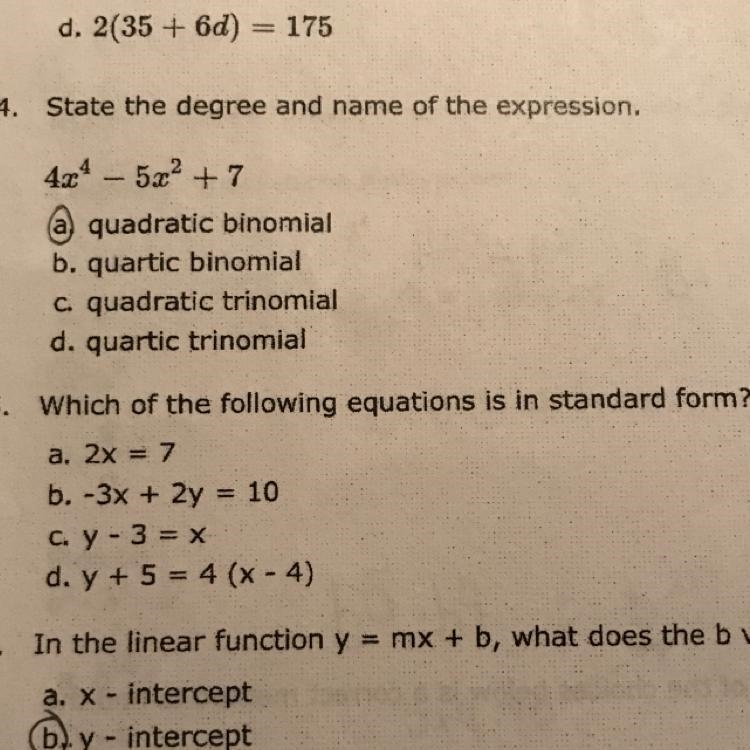 5. Which of the following equations is in standard form? a. 2x = 7 b. -3x + 2y = 10 c-example-1