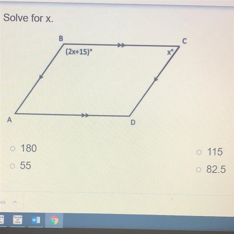 Solve for x A )180 B)55 C)115 D)82.5-example-1