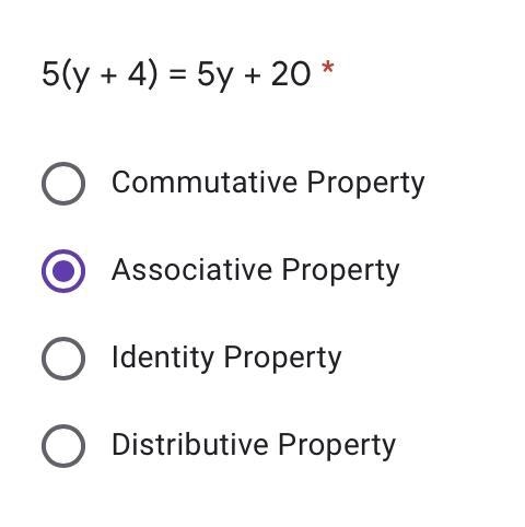 5(y + 4) = 5y + 20 * Commutative Property Associative Property Identity Property Distributive-example-1