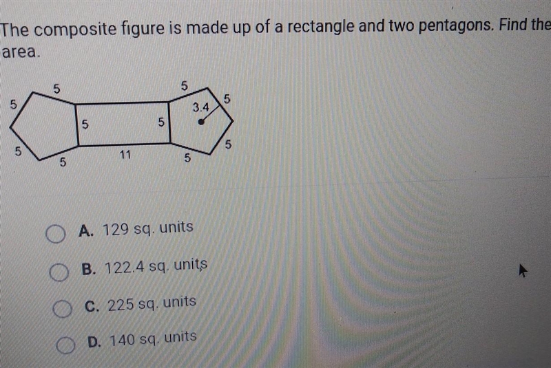 The composite figure is made up of a rectangle and two pentagons. Find the area. 5 5 34 S-example-1