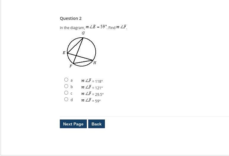 In the diagram, angle E = 59. Find angle F.-example-1