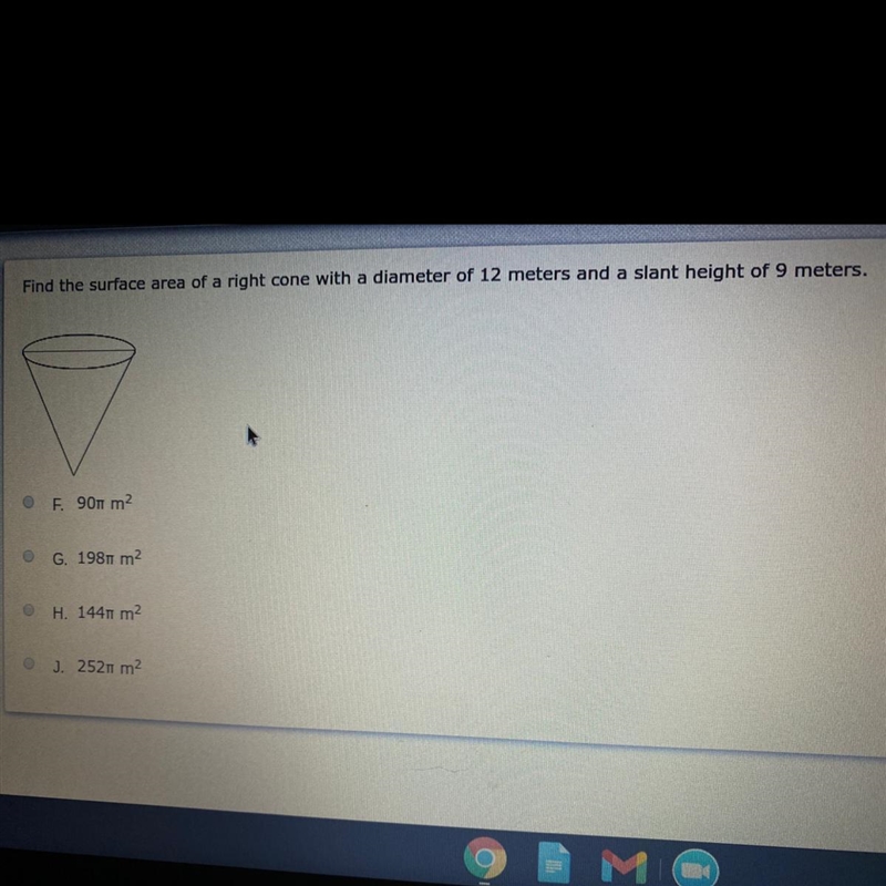 Find surface area of right cone with diameter of 12 meters and a slant height of 9 meters-example-1