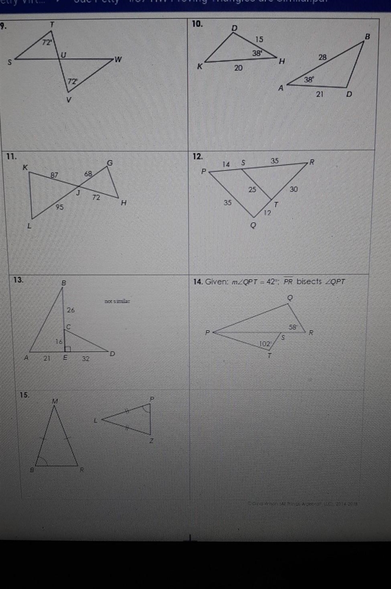 the directions say, determine whether the triangles are similar by AA, SSS, SAS, or-example-1