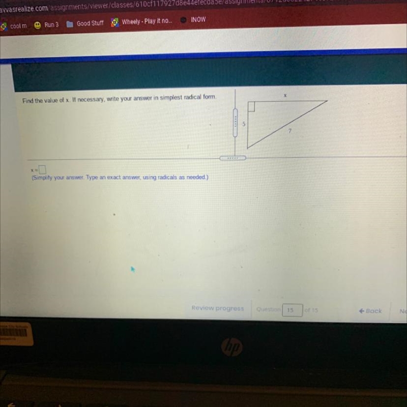 Find the value of x. If necessary, write your answer in simplest radical form.-example-1