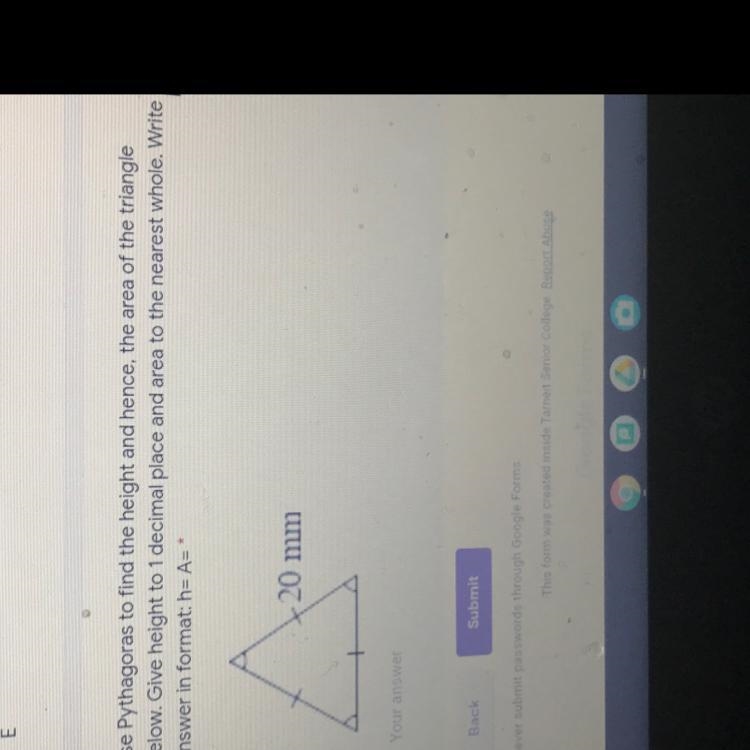 Use Pythagoras to find the height and hence, the area of the triangle below. Give-example-1