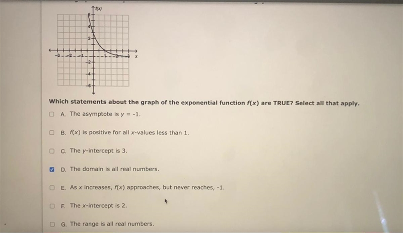 PLEASE HELP ME I NEED TO PASSS Which statements about the graph of the exponential-example-1