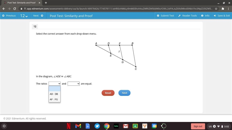 Select the correct answer from each drop-down menu. In the diagram, ∠ADE ≅ ∠ABC. The-example-1